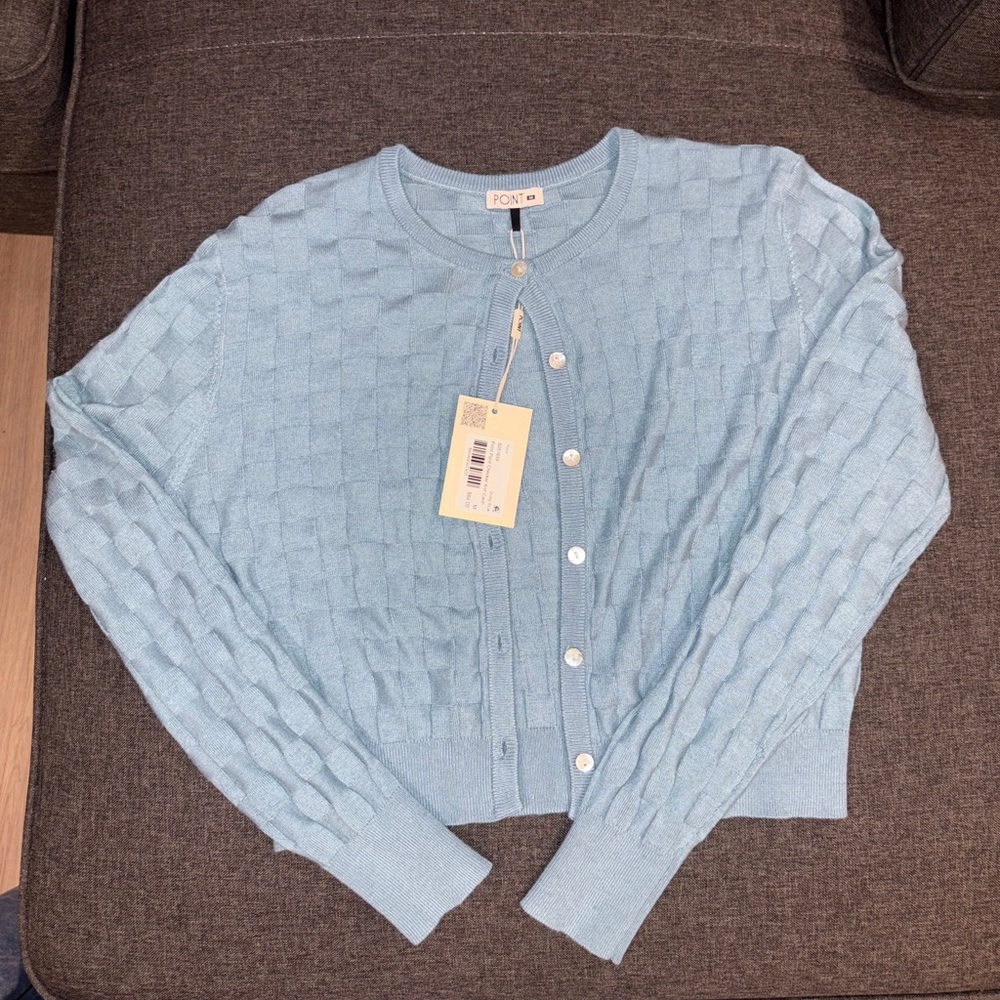 POINT Women's Teal Blue Checker Knit  Cardigan